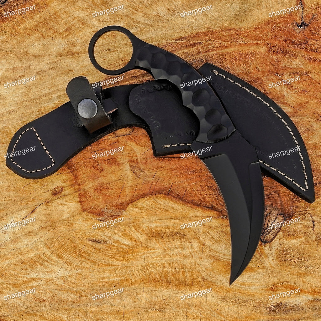 Handmade Tactical Karambit Knife with Leather Sheath -